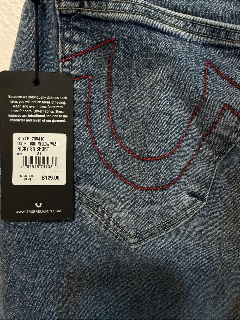 NWT$129 True Religion Ricky light mellow Wash  Cotton Denim  Shorts size 31
